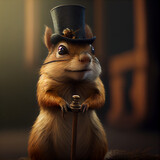 Evil chipmunk wearing a top hat and a cane, standing in a room