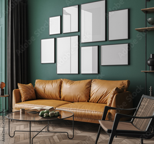 Frame gallery mockup in living room interior with leather sofa, minimalist industrial style, 3d render © artjafara