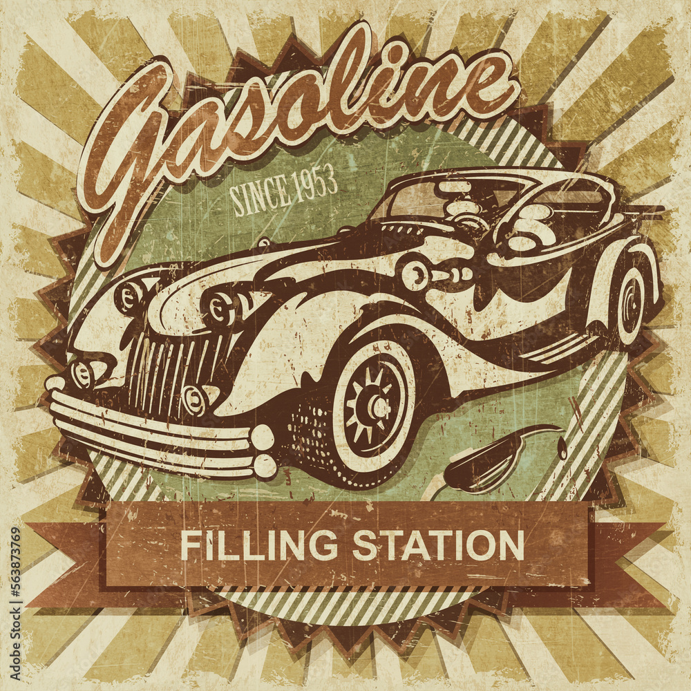 Gasoline retro poster with retro car.