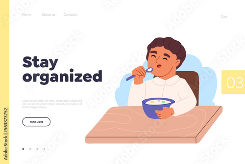 Kid boy eating porridge on breakfast. Small child enjoy muesli with milk meal before school