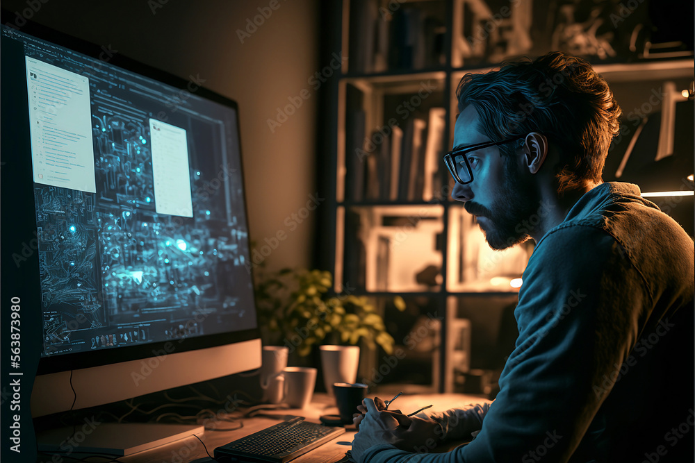 Middle man working from home throughout the evening. Middle businessman in a night time using a computer , Generative AI