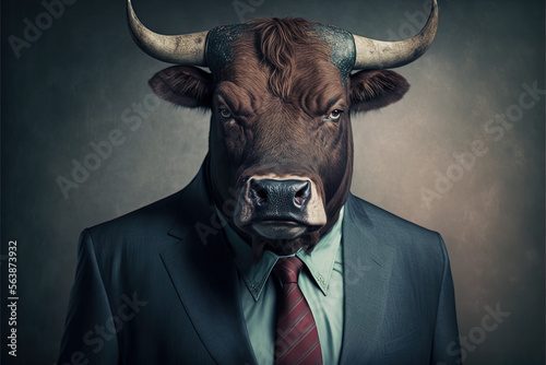 Portrait of a bull in a business suit - Generative AI