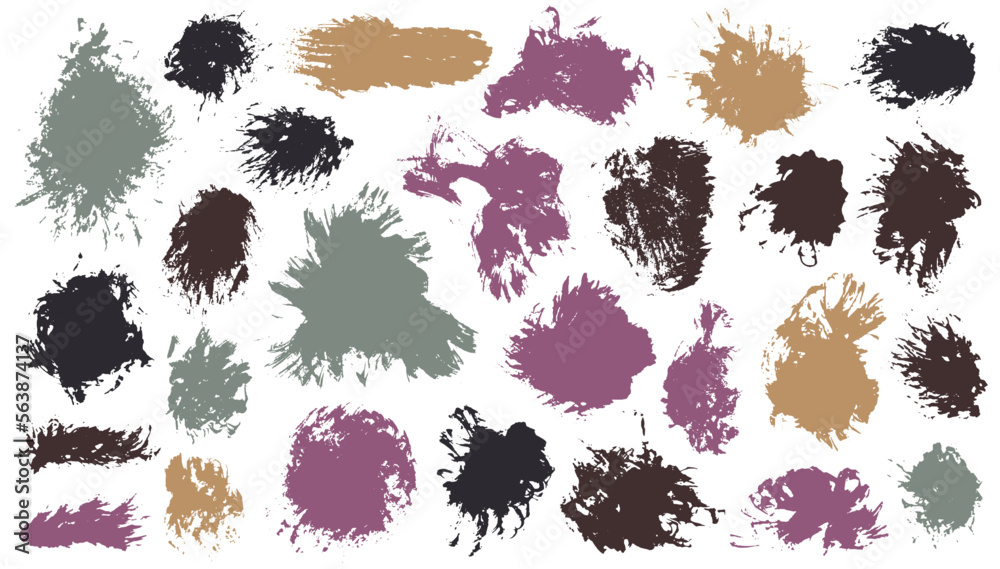 Acrylic graffiti daub vector pack. Isolated smudge blotch traced elements. Smear splash web banner backdrop group. Brush stroke ink spots design.