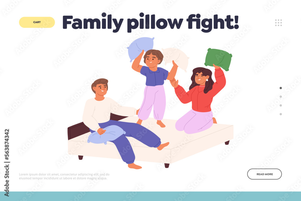 Family pillow fight concept of landing page with joyful kids spend time together fighting pillows Family pillow fight concept of landing page with joyful kids spend time together fighting pillows