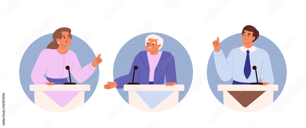 Politicians stand on tribunes debating. People on podium speak into microphones, cartoon icons Politicians stand on tribunes debating. People on podium speak into microphones, cartoon icons