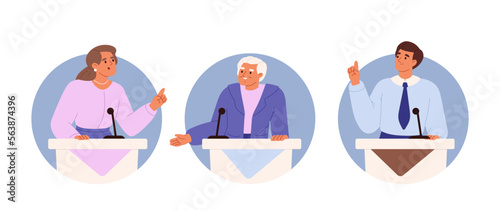 Politicians stand on tribunes debating. People on podium speak into microphones, cartoon icons