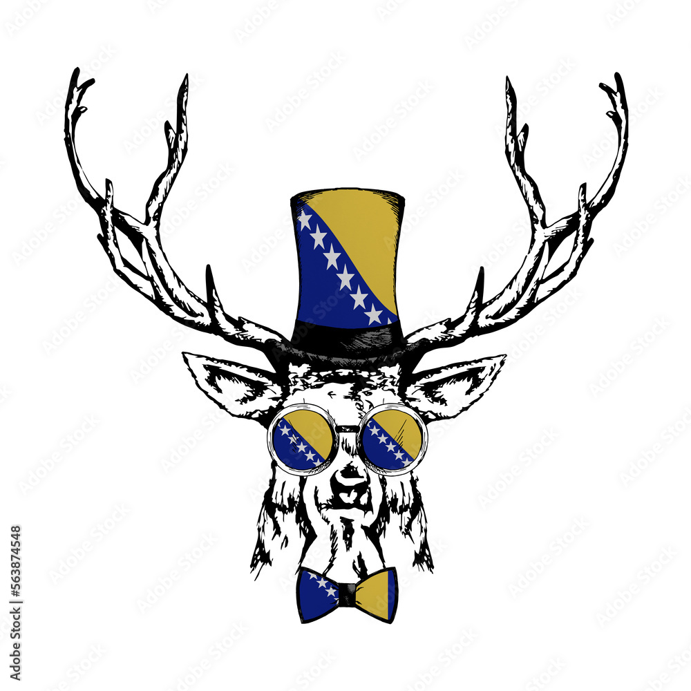 Deer drawn portrait. Patriotic sublimation in colors of national flag on white background. Bosnia and Herzegovina
