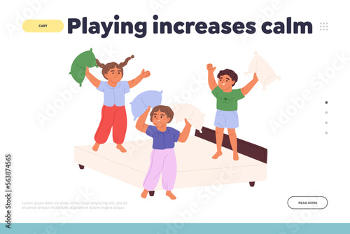 Playing increase calm landing page with kids fight pillows on bed enjoy spending time together