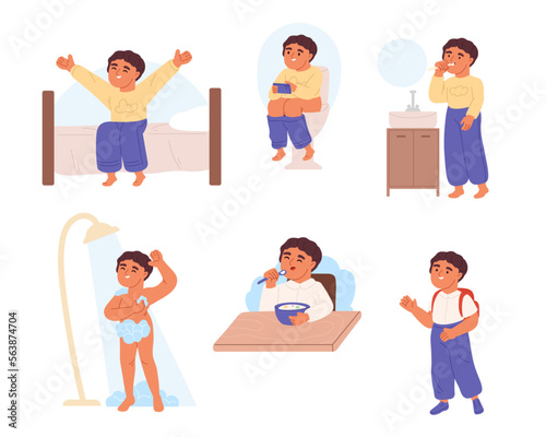 Morning routine for kid with small boy wake up, toilet, breakfast, brush teeth, shower, go to school