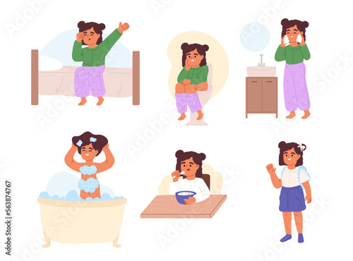 Morning routine for kid with small girl wake up, wash, use toilet, eat breakfast and go to school