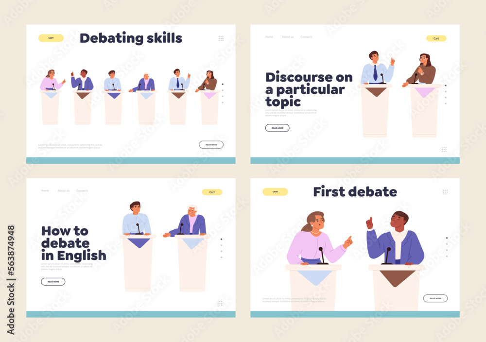Debating conference concept of landing page with politicians stand on tribunes speaking to audience Debating conference concept of landing page with politicians stand on tribunes speaking to audience