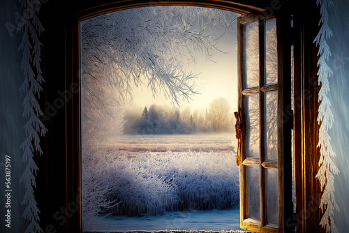 Leinwand Poster open flaps frosty window looking at snowy field