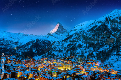 Matterhorn and swiss alps in Zermatt, Switzerland. Matterhorn at night.