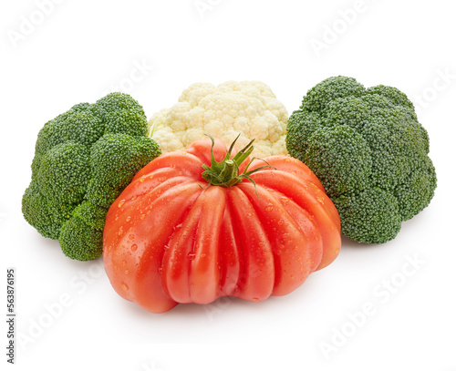 tomato, broccoli and cabbage vegetarian food isolated on white background