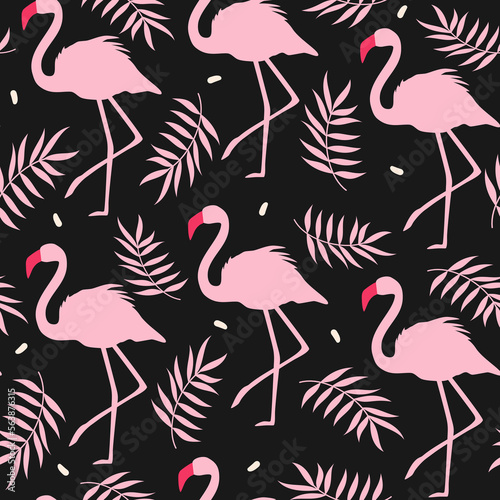 Cute colorful seamless vector pattern illustration with pink flamingos and leaves on dark background