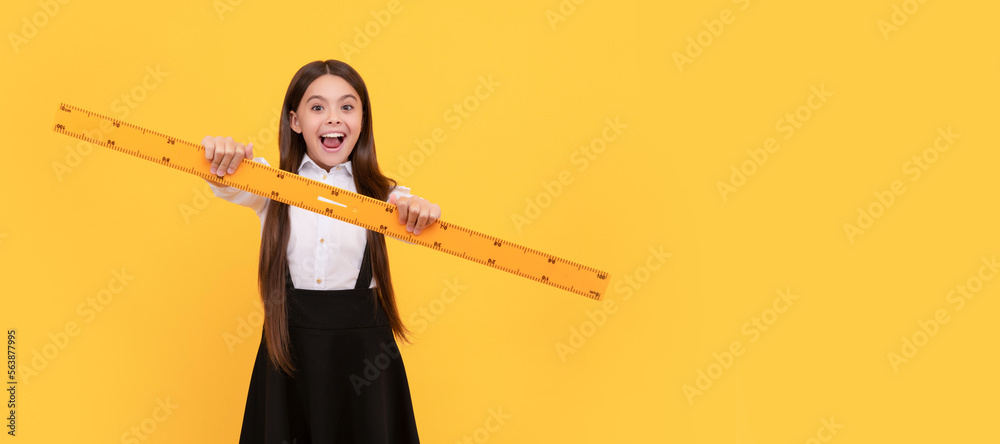 back to school. algebra and geometry. kid study math. measure the size. Portrait of schoolgirl student, studio banner header. School child face, copyspace.
