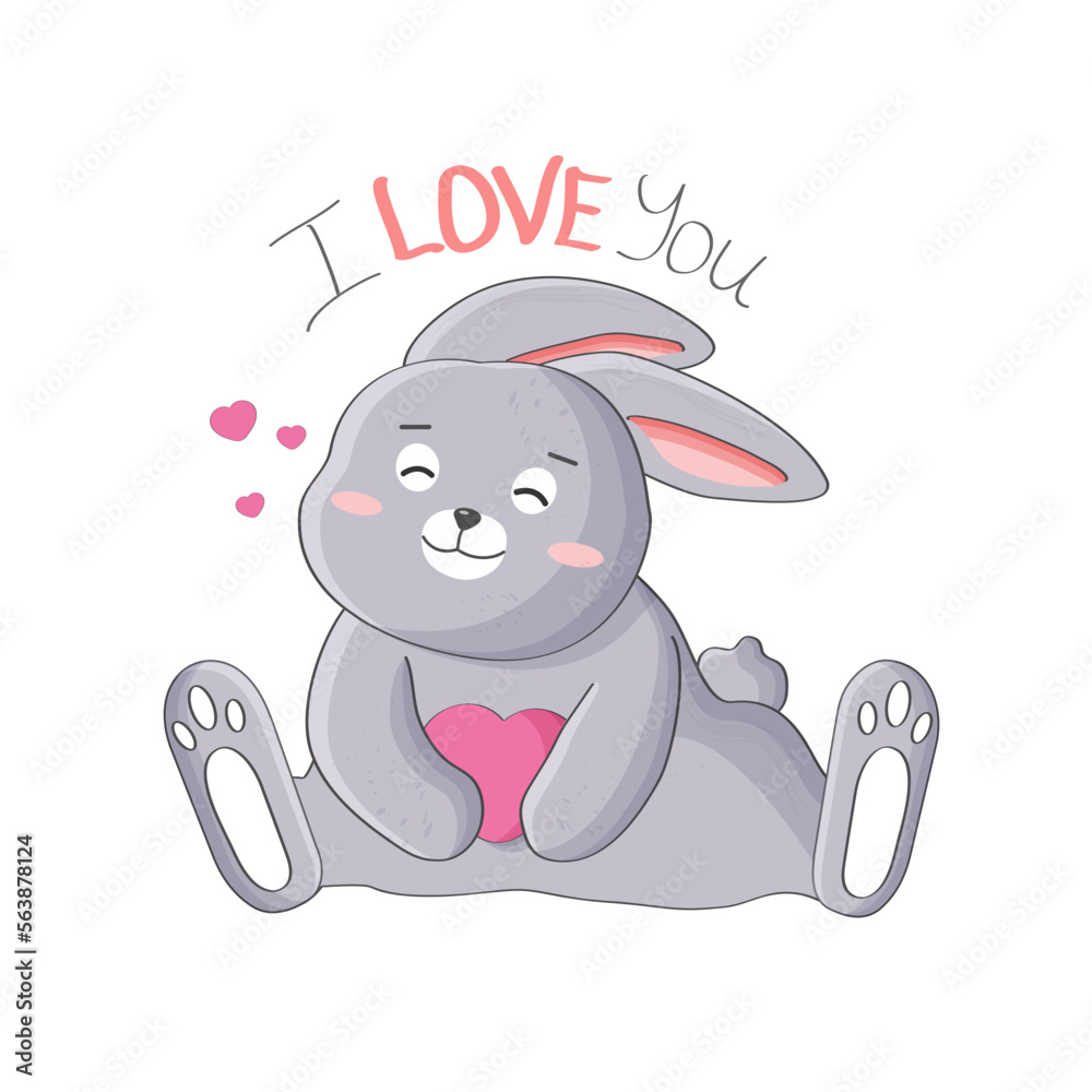 Fototapeta premium Cute grey bunny with pink heart on transparent background. Handrawn phrase 
