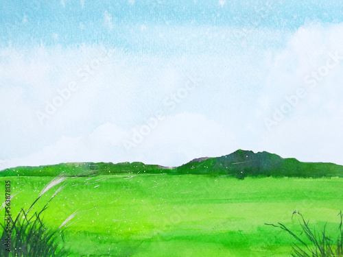 Watercolor summer painting landscape green field with blue sky in countryside. 