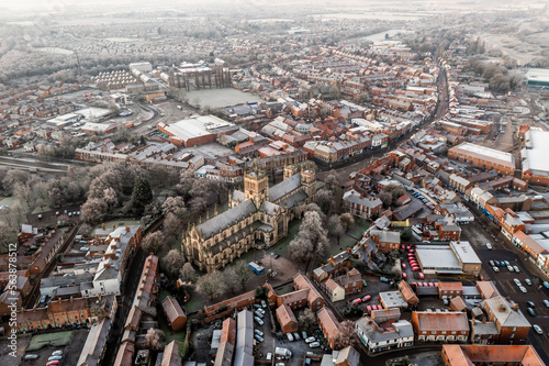 Aerial map view directly above the North Yorkshire market town of Selby with Selby Abbey prominent