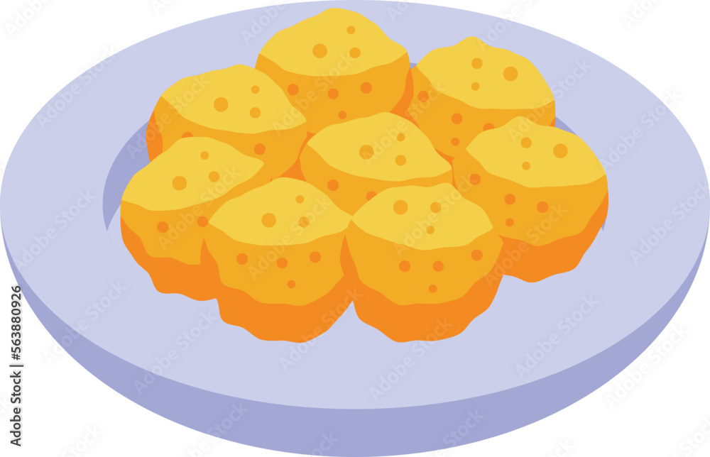 Croquette plate icon isometric vector. Cheese food. Snack dish Croquette plate icon isometric vector. Cheese food. Snack dish