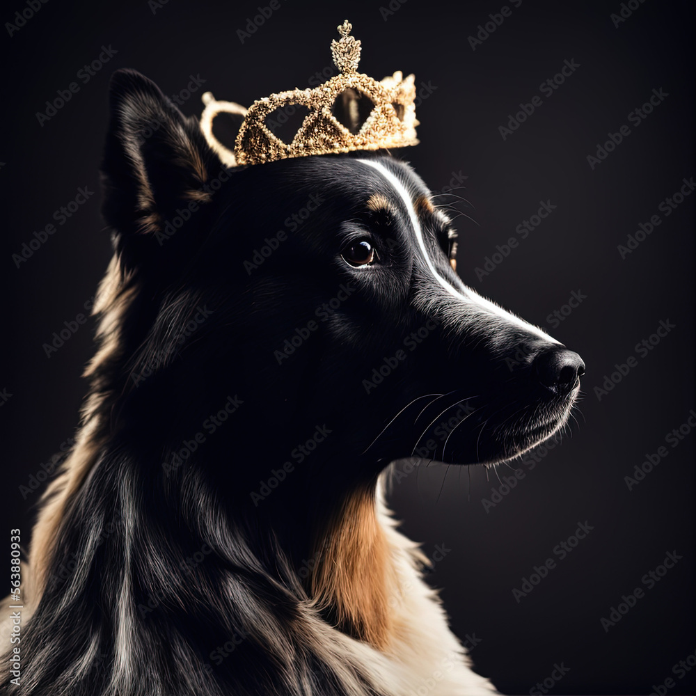 photo of a dog with a crown on its head looking at something in the distance with a dark background and a light shining on it - Generative AI photo of a dog with a crown on its head looking at something in the distance with a dark background and a light shining on it - Generative AI