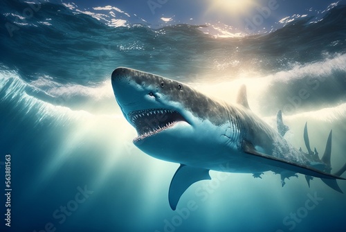 A grey shark jaws ready to attack underwater close up portrait. AI generated