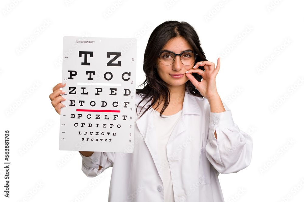 Young indian oculist woman holding an eye chart paper cut out isolated with fingers on lips keeping a secret. Young indian oculist woman holding an eye chart paper cut out isolated with fingers on lips keeping a secret.