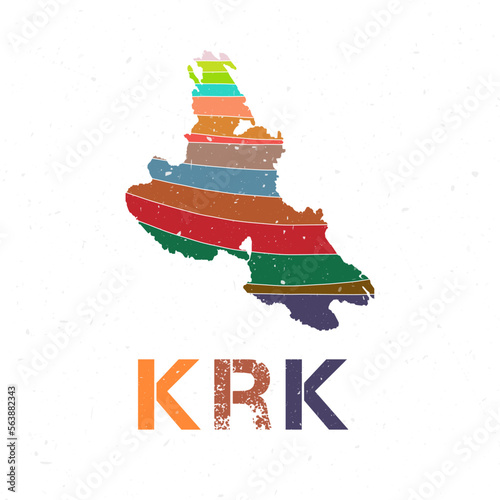 Krk map design. Shape of the island with beautiful geometric waves and grunge texture. Powerful vector illustration.