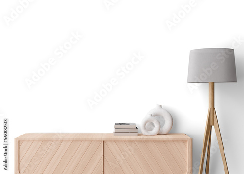 Wallpaper presentation mock up. Sideboard with home accessories on transparent background. Copy space for wallpaper design, wall panels, photo wallpaper, print or paint. Interior mockup. 3D render. photo