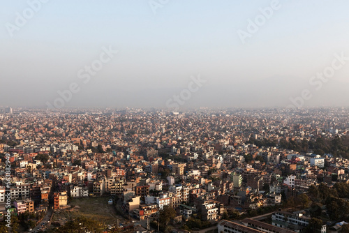 Kathmandu city, Nepal. Aerial view of the city. Image has space for text at the top. Panorama of Kathmandu in the morning mist.
