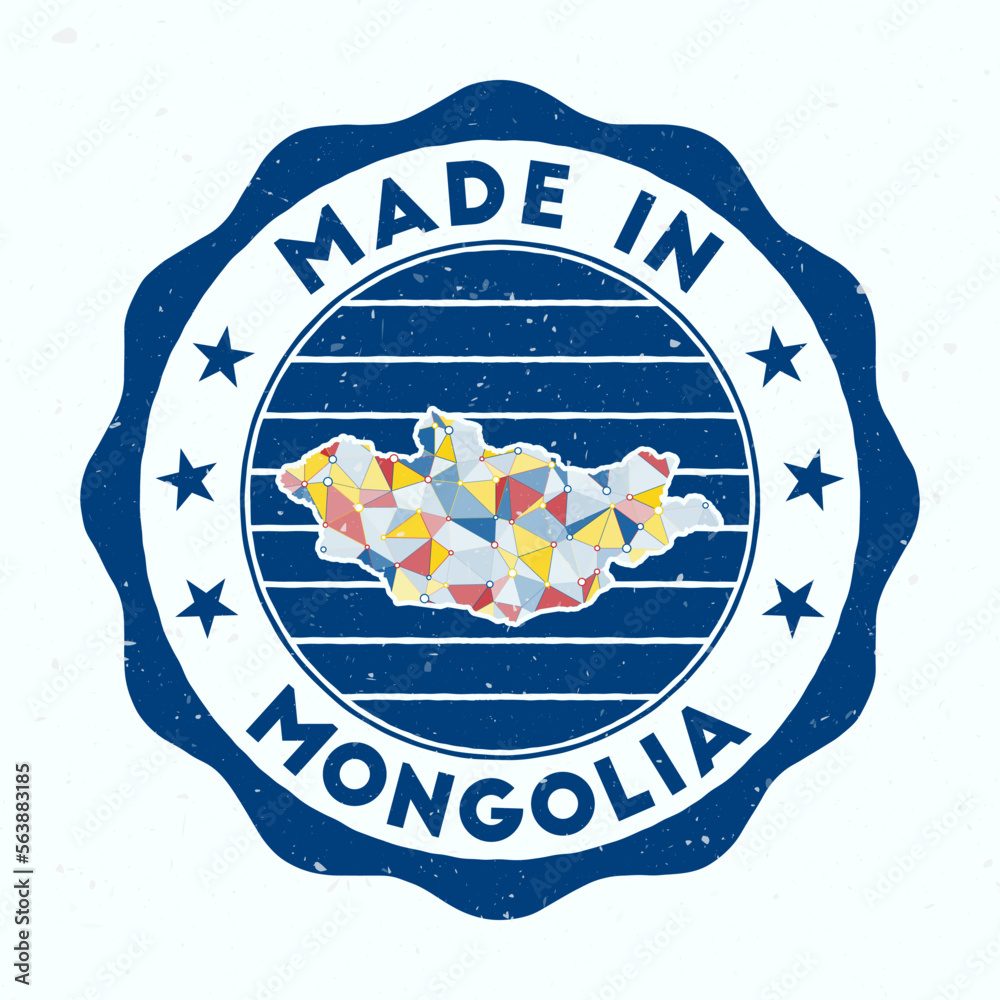 Made in Mongolia. Country round stamp. Seal of Mongolia with border shape. Vintage badge with circular text and stars. Vector illustration.