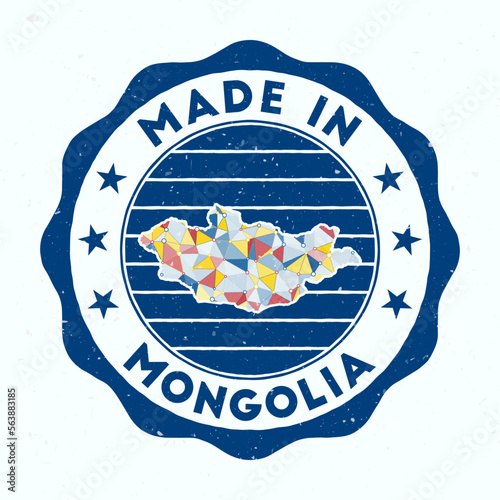 Made in Mongolia. Country round stamp. Seal of Mongolia with border shape. Vintage badge with circular text and stars. Vector illustration.