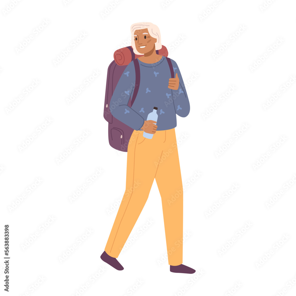 Obraz premium Hiking or trekking senior woman character carrying rucksack. Isolated grandmother leading healthy lifestyle, keeping fit and walking. Vector in flat style