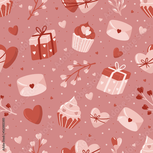 Valentine s Day seamless pattern with hand drawn elements on bright background. Flower  letter  coffee. Background for gift wrapping or fabric design.