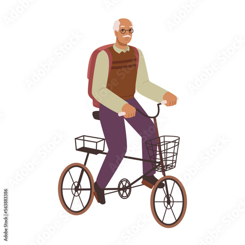 Active pensioner riding bicycle, isolated grandfather cycling for fun or transportation. Senior male character leading active lifestyle. Vector in flat style