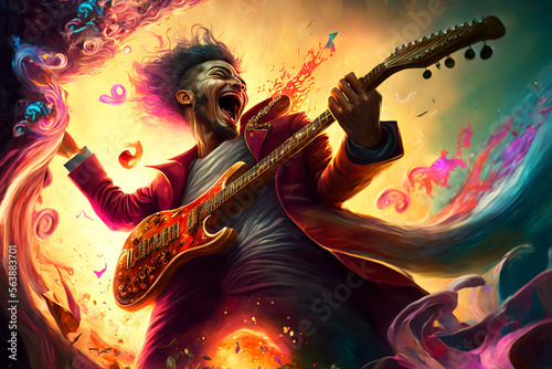 Abstract person playing guitar with vivid energy all around. Generative AI, this image is not based on any original image, character or person.