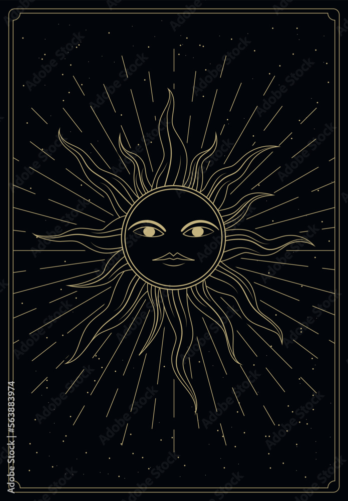 Fototapeta premium tarot card with sun on black background in flat style. black tarot card vector