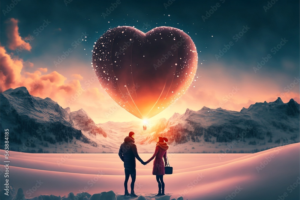 Couple holding hands. Big floating heart balloon on the sky. Generative AI