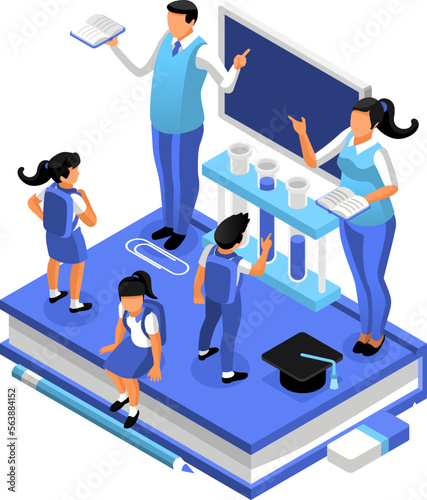 Science lab with young students in school uniform and teachers standing on top of a book with tools for science research. A simple isometric illustration of young people at school.