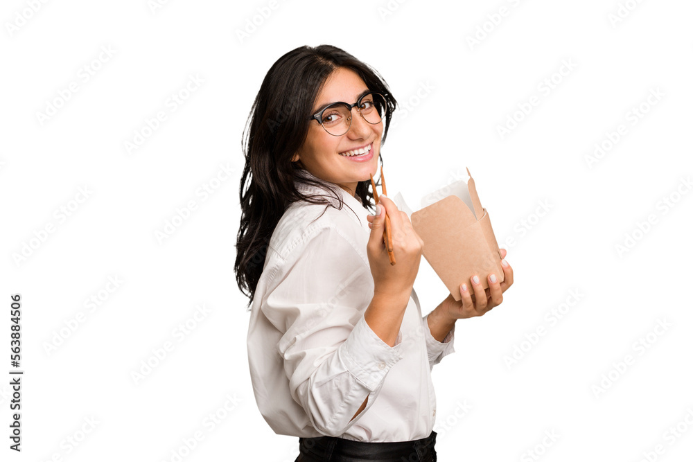 Young business indian woman eating takeaway noodles cut out isolated Young business indian woman eating takeaway noodles cut out isolated
