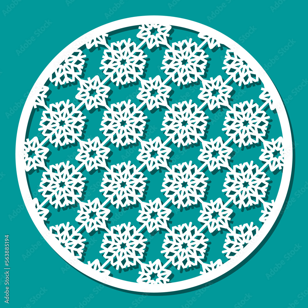 Round panel with snowflakes. Winter decorative element, white lace lattice, Christmas decoration. Template for plotter laser cutting of paper, wood carving, metal engraving, cnc. Vector illustration. Round panel with snowflakes. Winter decorative element, white lace lattice, Christmas decoration. Template for plotter laser cutting of paper, wood carving, metal engraving, cnc. Vector illustration.