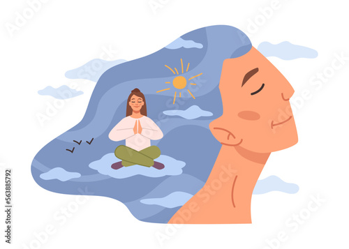 meditation and mental health care for mind soundness. Inner balance from psychological therapy and professional help with personal issues. Vector in flat style