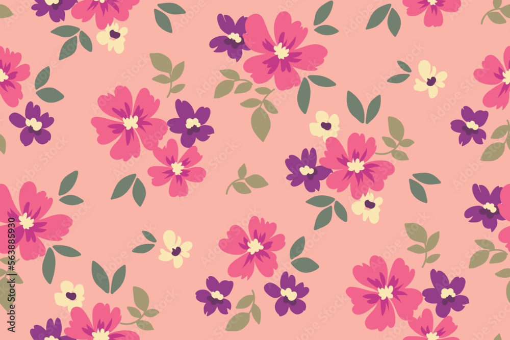 Seamless floral pattern, cute flower print in pretty pink colors. Romantic ditsy background with small hand drawn flowers, tiny leaves in a liberty arrangement. Botanical design, vector illustration. Seamless floral pattern, cute flower print in pretty pink colors. Romantic ditsy background with small hand drawn flowers, tiny leaves in a liberty arrangement. Botanical design, vector illustration.