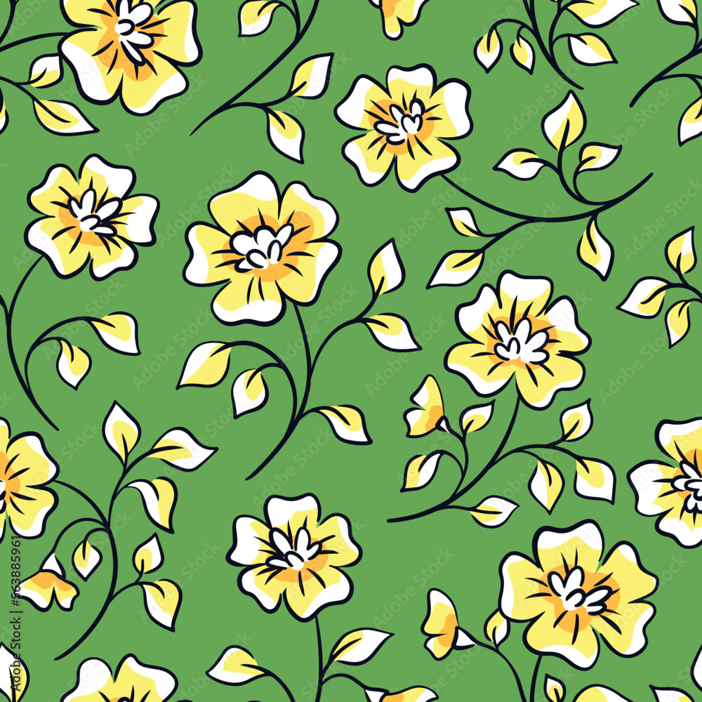 Seamless floral pattern with hand drawn yellow flowers on branches on green background. Cute decorative art flower print, botanical design with blooming branches, flowers, leaves. Vector illustration.
