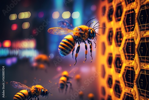 beehive and honey with hi-tech atmosphere in surreal concept, idea for futuristic food using high technology for food production process Generative Ai