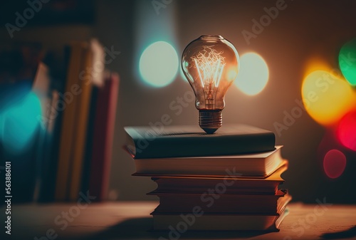 light bulb with book stack, conceptual for inspiration, innovation, creativity from reading, reading culture  Generative Ai