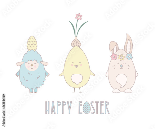 Cute easter animals baby funny vector illustration. Chick, bunny, lamb at pastel color for card, banner