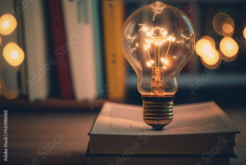 light bulb with book stack, conceptual for inspiration, innovation, creativity from reading, reading culture Generative Ai