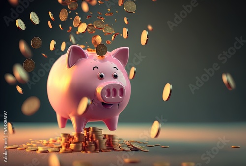 happy piggy bank with explode gold coins, idea for money saving and saving interest concept background wallpaper Generative Ai