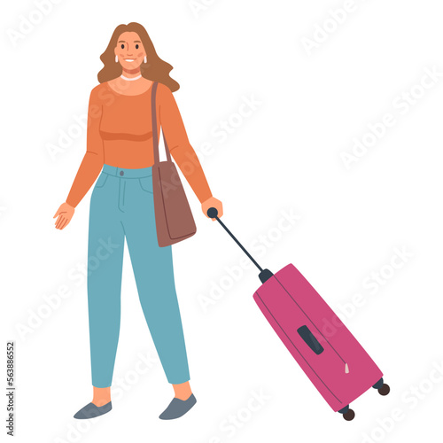 Female character walking with luggage, isolated smiling woman smiling going on vacation or trip. Lady with personal belongings in hands. Vector in flat style